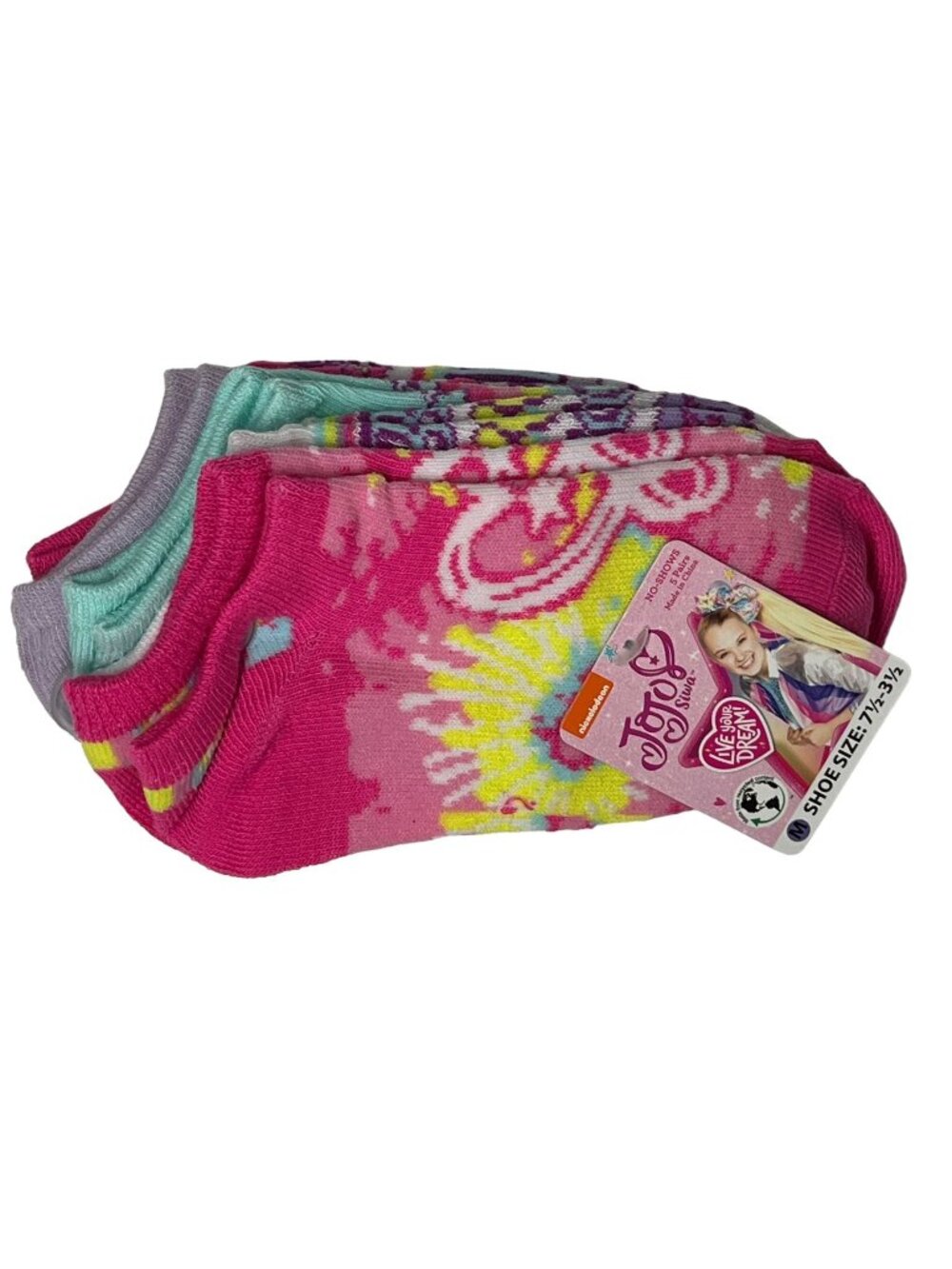 JoJo Siwa Girls No Show Socks 5 Pair Tie Dye Size 7.5-3.5 NWT - Picture 1 of 4